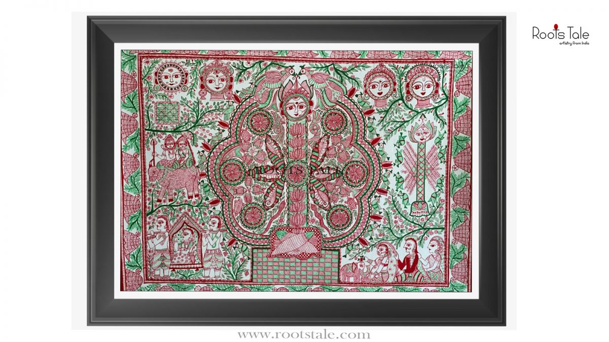 KOHBER RED AND GREEN MADHUBANI PAINTING(L-22in W-30in)