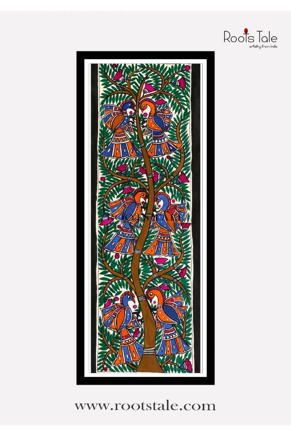 PEACOCK TREE OF LIFE MADHUBANI PAINTING(HANDMADE PAPER L-22in W-7.5in)