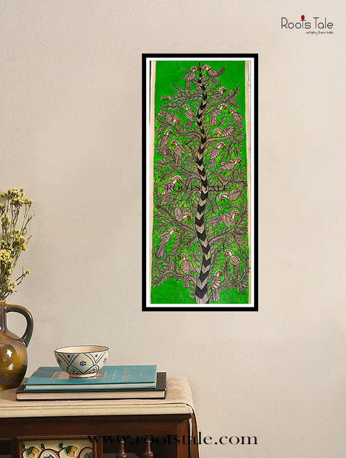 TREE OF LIFE GREEN MADHUBANI PAINTING (HANDMADE PAPER L-22in W-7.5in)
